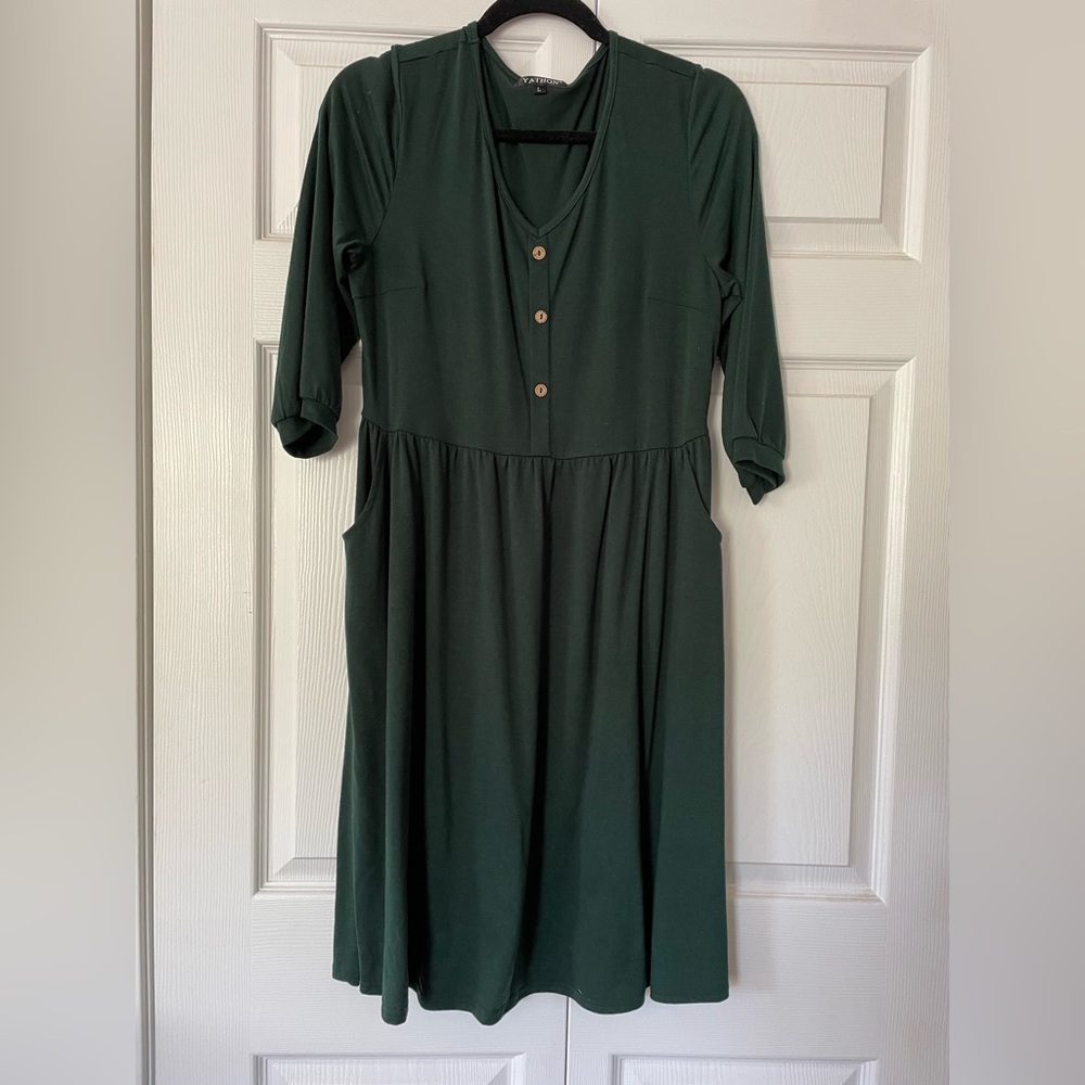 Yathon 3/4 Sleeve V Neck Button Down A Line Dress with Pockets